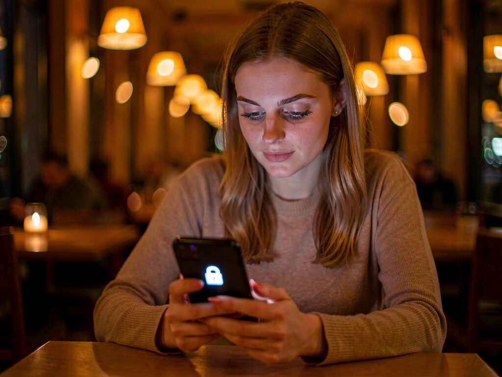 Гостя в залі тримає смартфон із захищеним меню